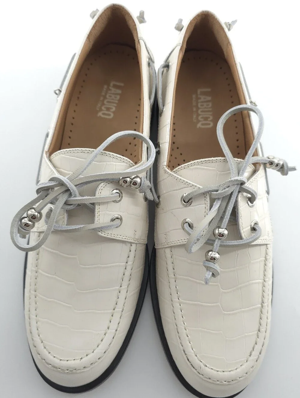Labucq Nelson Boat Shoe Croc Embossed Ivory Crocco Size EU 41 US 10